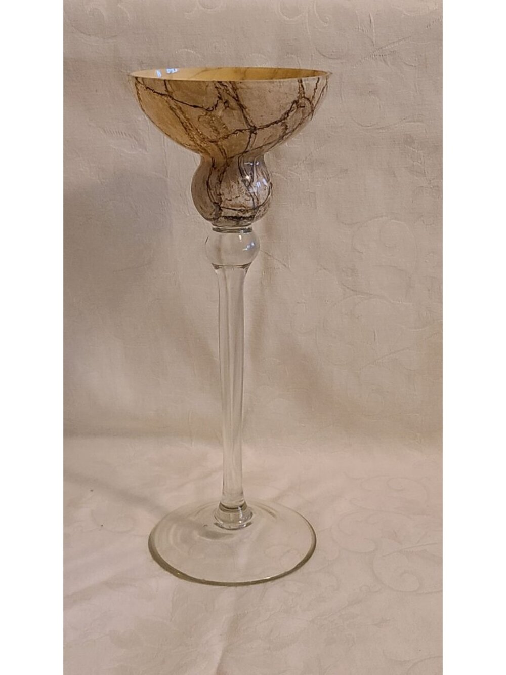 Vintage Hand Blown Art Glass Crackle Goblet Chalice Tortoiseshell
